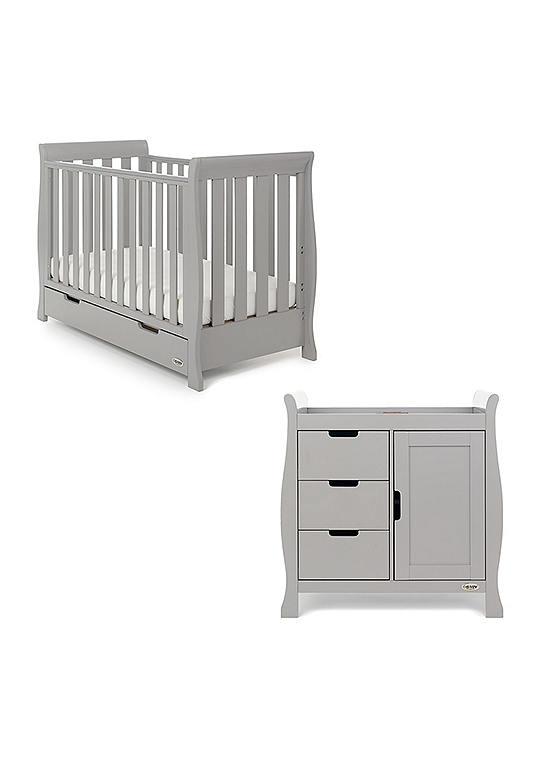 OBaby Stamford Grey Mini Sleigh Cot Bed with Drawer & Changing Unit Room Set<BR>